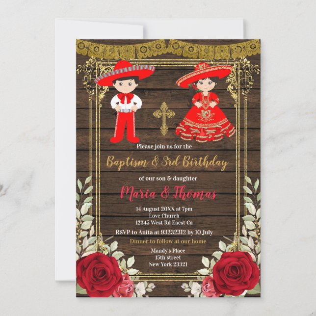 Red Charro Roses Baptism Fiesta Twin Invitation (Front)