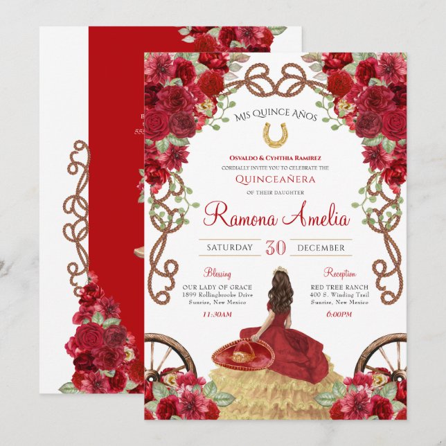 Red Charro Rustic Western Floral Quinceañera  Invitation (Front/Back)