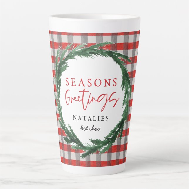 Red check and watercolour wreath Christmas Latte Mug (Front)