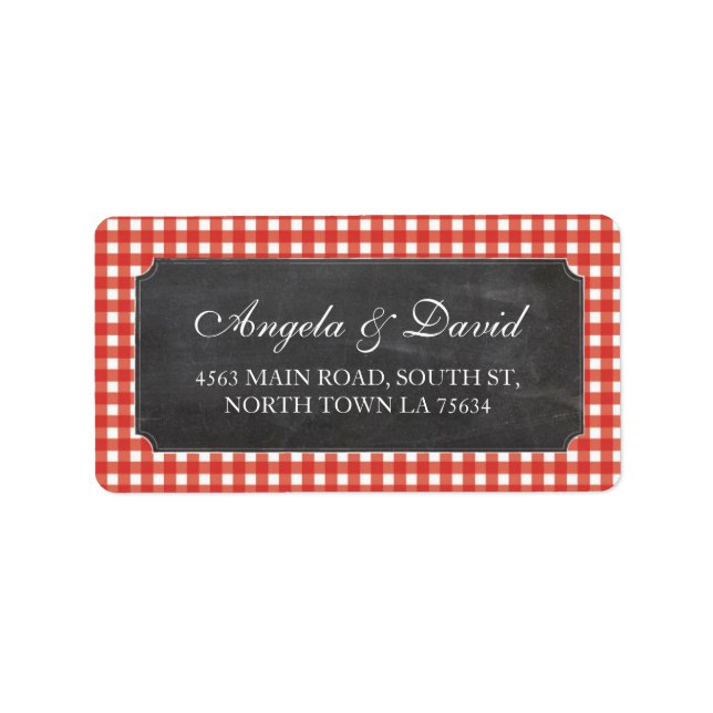 Red Check Chalk Rustic Mariage Étiquette de adress (Devant)