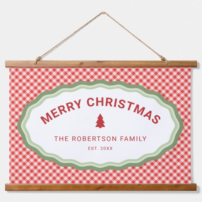 Red Check Gingham Merry Christmas Personalized Hanging Tapestry (Front)