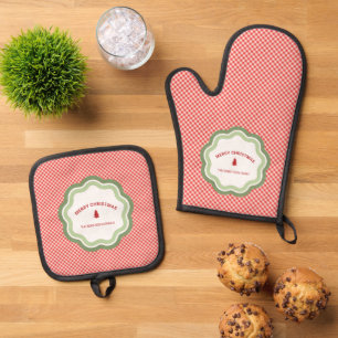 Red Check Gingham Merry Christmas Personalized Oven Mitt & Pot Holder Set