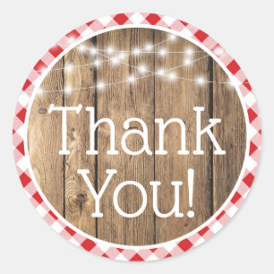 Red Check Gingham Rustic Wood Lights Thank You Classic Round Sticker