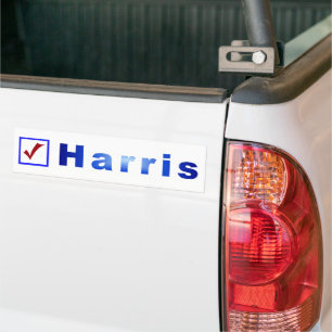 Red check in blue box for Harris bumper stickers
