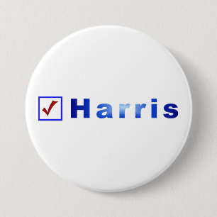 Red Check in Blue Box, Vote for Harris Buttons