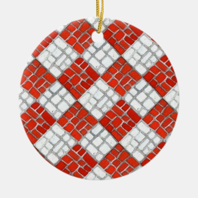 RED CHECK MOSAIC Ceramic Circle Ornament (Front)