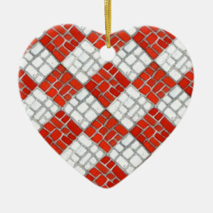 RED CHECK MOSAIC Ceramic Heart Ornament