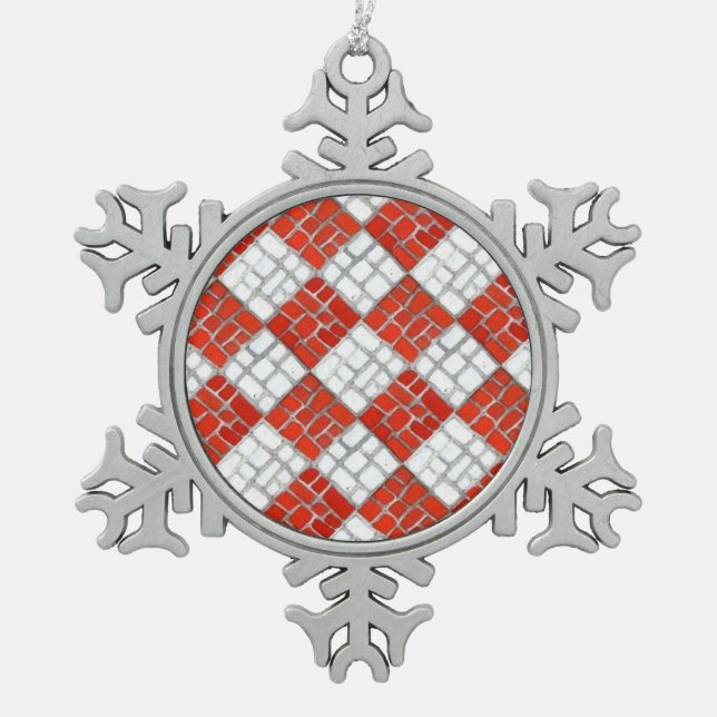 RED CHECK MOSAIC Pewter Snowflake Ornament (Front)