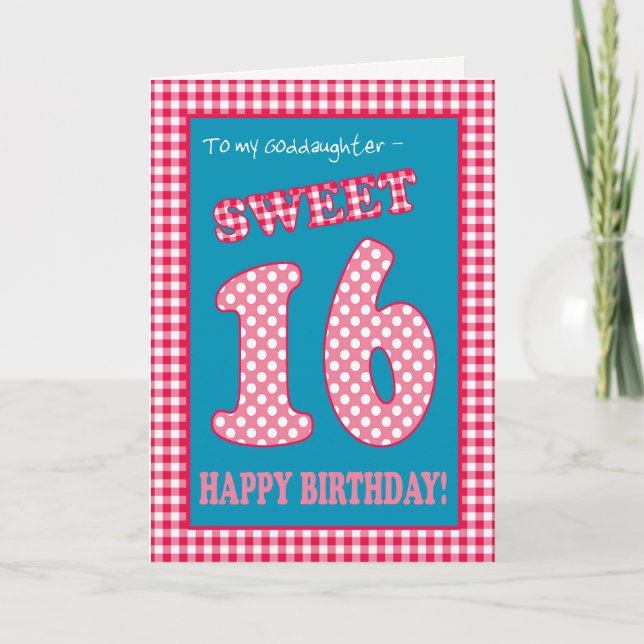 Red Check Polkas Sweet 16th Birthday, Goddaughter Invitation (Front)
