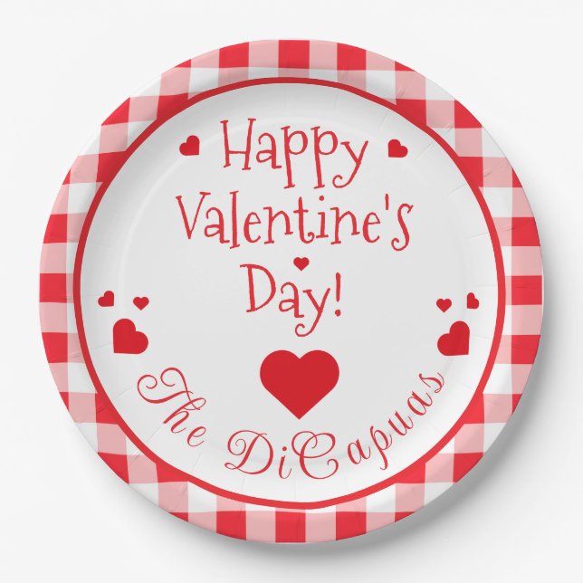 Red Check Red Hearts Whimsical Valentine's Day Paper Plate (Front)