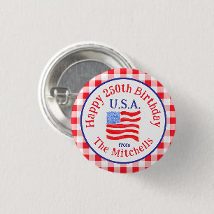 Red Check Watercolor Flag 250th Birthday USA 1 Inch Round Button