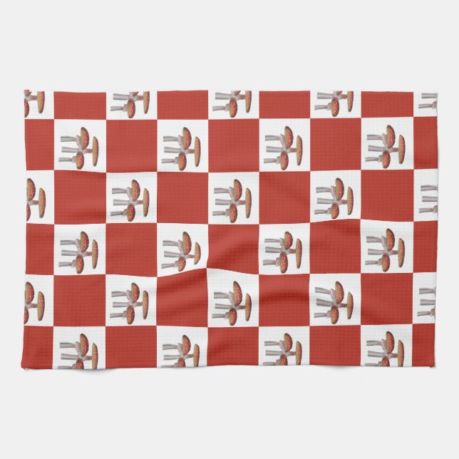 Red check with mushroom kitchen towel (Horizontal)
