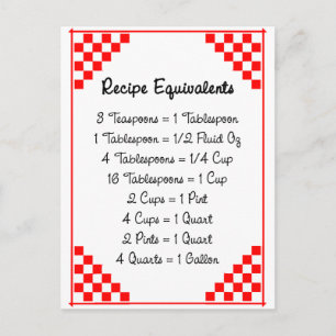 Red Checked Ruled Recipe Card Kitchen Equivalents