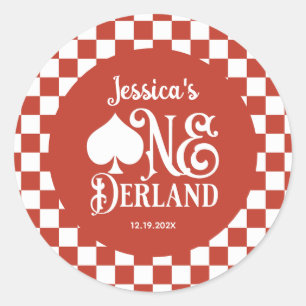 Red Checkered Alice in ONEderland 1st Birthday Classic Round Sticker