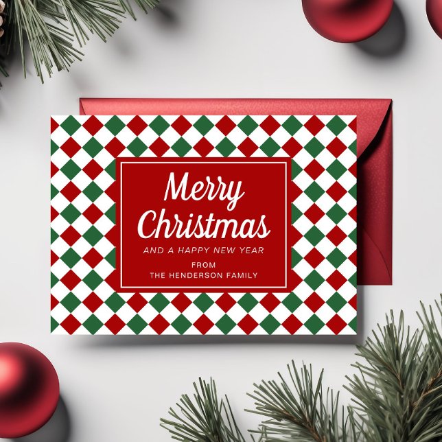 Red Checks Pattern Christmas Script Photo  Holiday Card (Red Checks Pattern Christmas Script Photo Holiday Card)