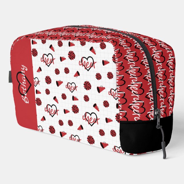 Red Cheer Hearts, Pom Poms, Megaphone Pattern Dopp Kit (Right Corner)