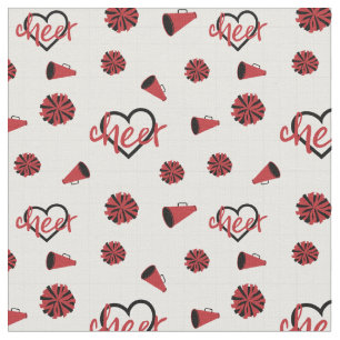 Red Cheer Hearts, Pom Poms, Megaphone Pattern Fabric
