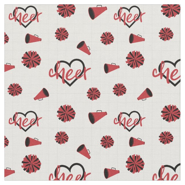 Red Cheer Hearts, Pom Poms, Megaphone Pattern Fabric (Close Up)