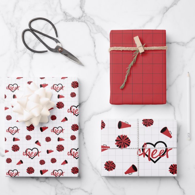Red Cheer Hearts, Pom Poms, Megaphone Pattern Wrapping Paper Sheet (Front)