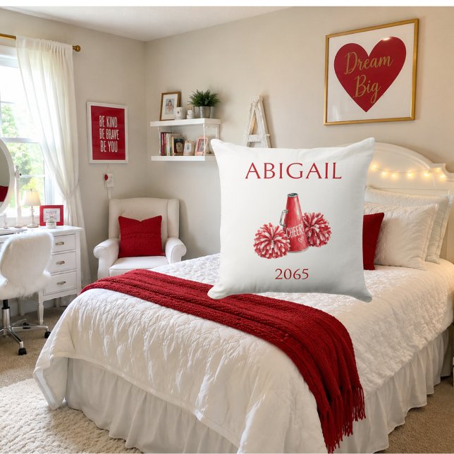 Red Cheer Personalized Name & Year  Throw Pillow (Creator Uploaded)