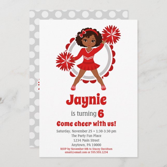 Red Cheerleader - African American Birthday Invitation (Front/Back)