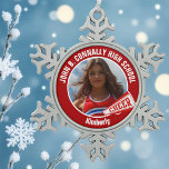 Red Cheerleader Photo High School Snowflake Pewter Christmas Ornament<br><div class="desc">This cool customized high school cheerleader photo gift features white typography of your team and player name on a red Christmas ornament with a CHEER megaphone. Personalize with your student's photograph and class year as a proud cheerleading parent. A great gift for a mom or dad.</div>