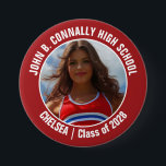 Red Cheerleader Photo High School Spirit 3 Inch Round Button<br><div class="desc">This cool customized high school cheerleader photo gift features white typography of your team and player name on a red button. Personalize with your student's photograph and class year as a proud cheerleading parent. A mom and dad can wear these buttons to competition and games.</div>