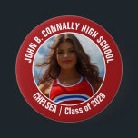 Red Cheerleader Photo High School Spirit 3 Inch Round Button<br><div class="desc">This cool customized high school cheerleader photo gift features white typography of your team and player name on a red button. Personalize with your student's photograph and class year as a proud cheerleading parent. A mom and dad can wear these buttons to competition and games.</div>