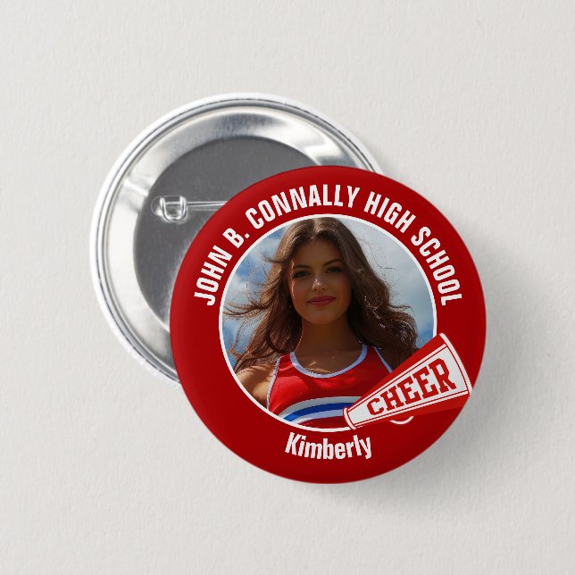 Red Cheerleader Photo High School Spirit Cheer 2 Inch Round Button (Front & Back)