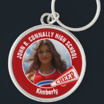 Red Cheerleader Photo High School Spirit Keychain<br><div class="desc">This cool customized high school cheerleader photo gift features white typography of your team and player name on a red keychain with a cheer megaphone. Personalize with your student's photograph and class year as a proud cheerleading parent. A great gift for a mom or dad.</div>