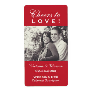 Red Cheers to Love Wedding Photo Wine Bottle