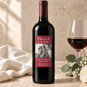 Red Cheers to Love Wedding Photo Wine Bottle Favou Sticker