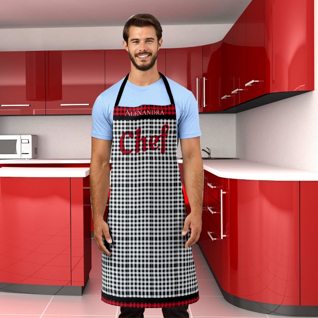 Red Chef Buffalo Plaid Black White Apron (Creator Uploaded)