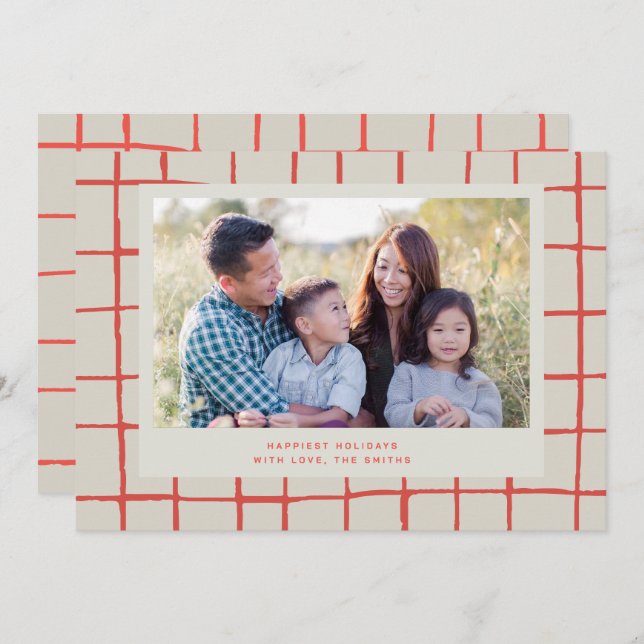 Red Chequered Cute Photo Holiday Card (Front/Back)