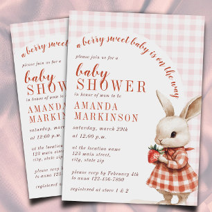Red Chequered Garden Berry Sweet Bunny Baby Shower Invitation