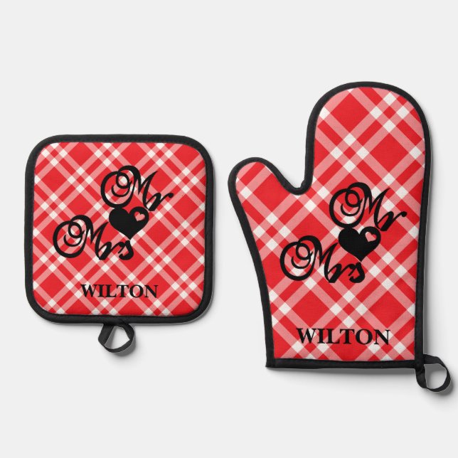Red Chequered Mr. & Mrs. Hearts Monogram Oven Mitt & Pot Holder Set (Front)