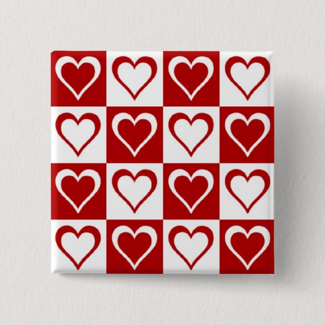 Red Chequered pattern with Hearts 2 Inch Square Button (Front)