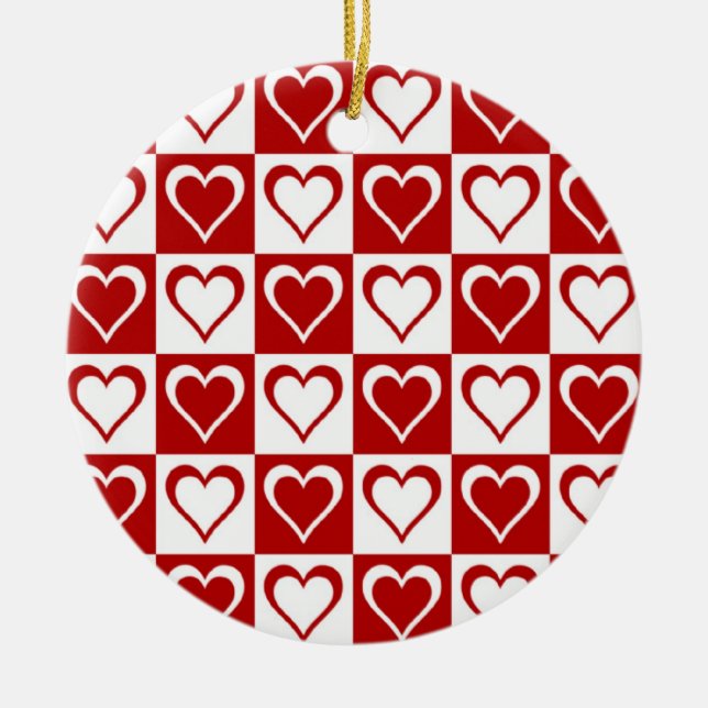 Red Chequered pattern with Hearts Ceramic Ornament (Front)