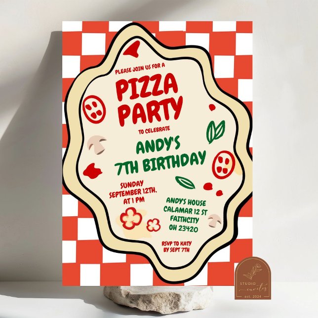 Red Chequered Pizza Party Italian Kids Birthday Invitation (Creator Uploaded)