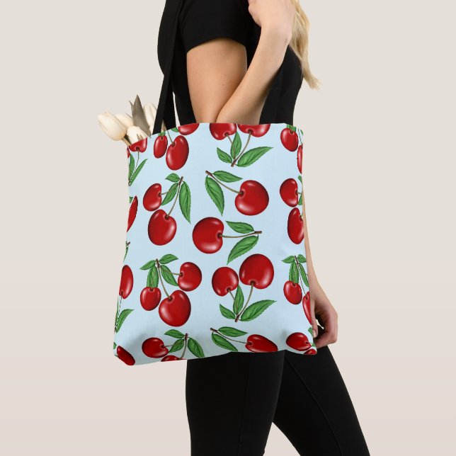 Red Cherries All Over Pattern Custom Tote Bag (Close Up)