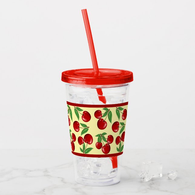 Red Cherries All Over Pattern Customizeable Acrylic Tumbler (Front Ice)
