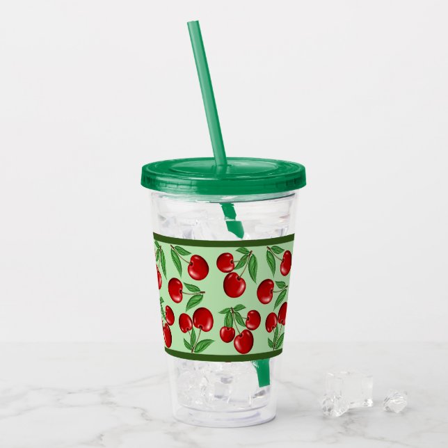Red Cherries All Over Pattern Customizeable Acrylic Tumbler (Front Ice)