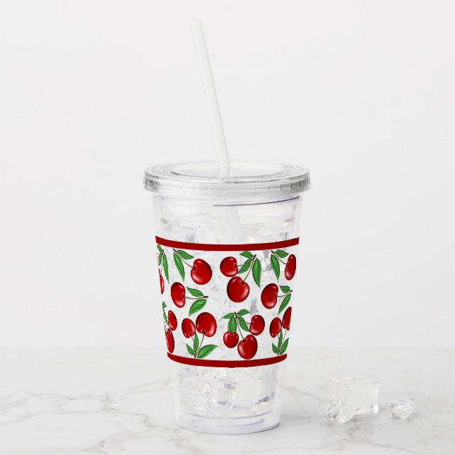 Red Cherries All Over Pattern Customizeable Acrylic Tumbler (Front Ice)