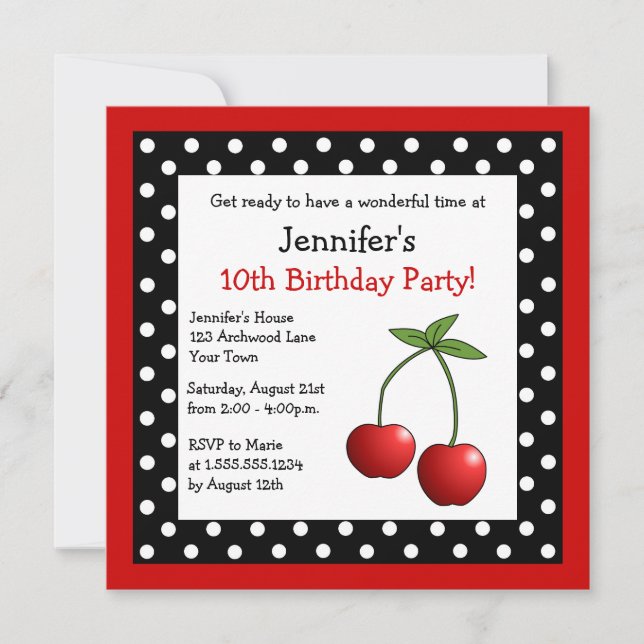 Red Cherries Birthday Black & White Polka Dots Invitation (Front)