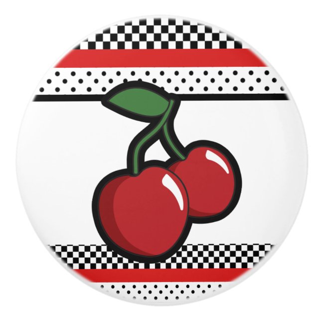 Red Cherries Black Custom Retro Glam Decor Ceramic Knob (Front)