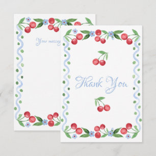Red Cherries Blue Script Personalized Thank You Card