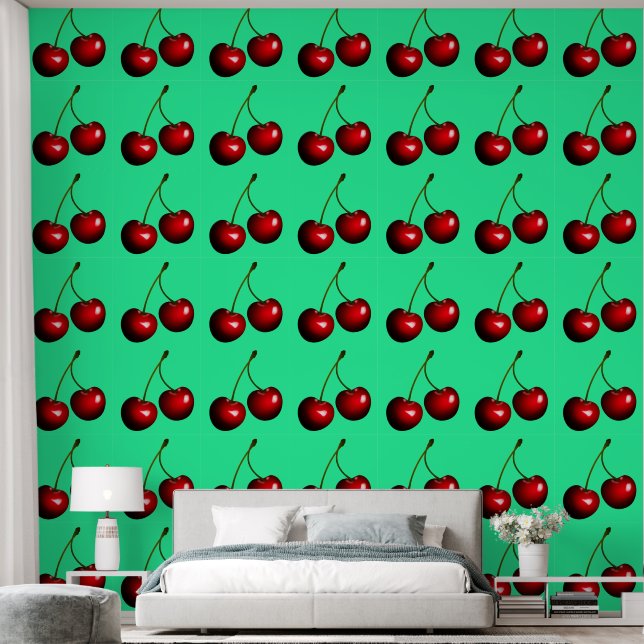 Red Cherries Custom Colour Green Wallpaper (Bedroom)