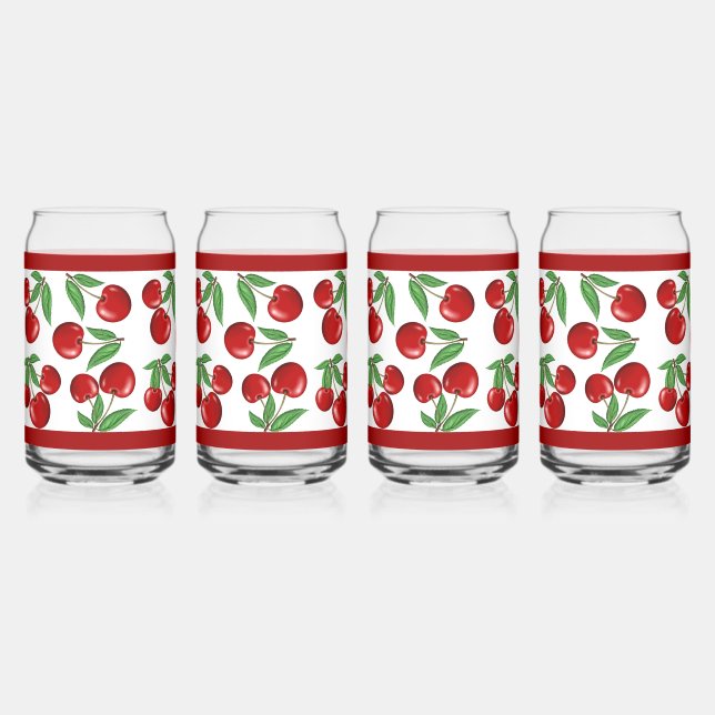 Red Cherries Fruit All Over Pattern Can Glass (Front)