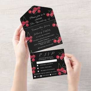 Red Cherries Fruit Elegant Rustic Wedding Black All In One Invitation