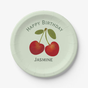 Red cherries fruit, happy birthday paper plate
